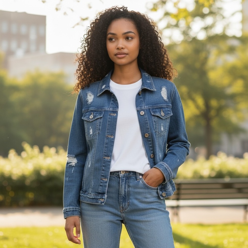 Vintage Bill Blass Jean Jacket Women Medium Distressed Blue Denim Y2K 90's‎